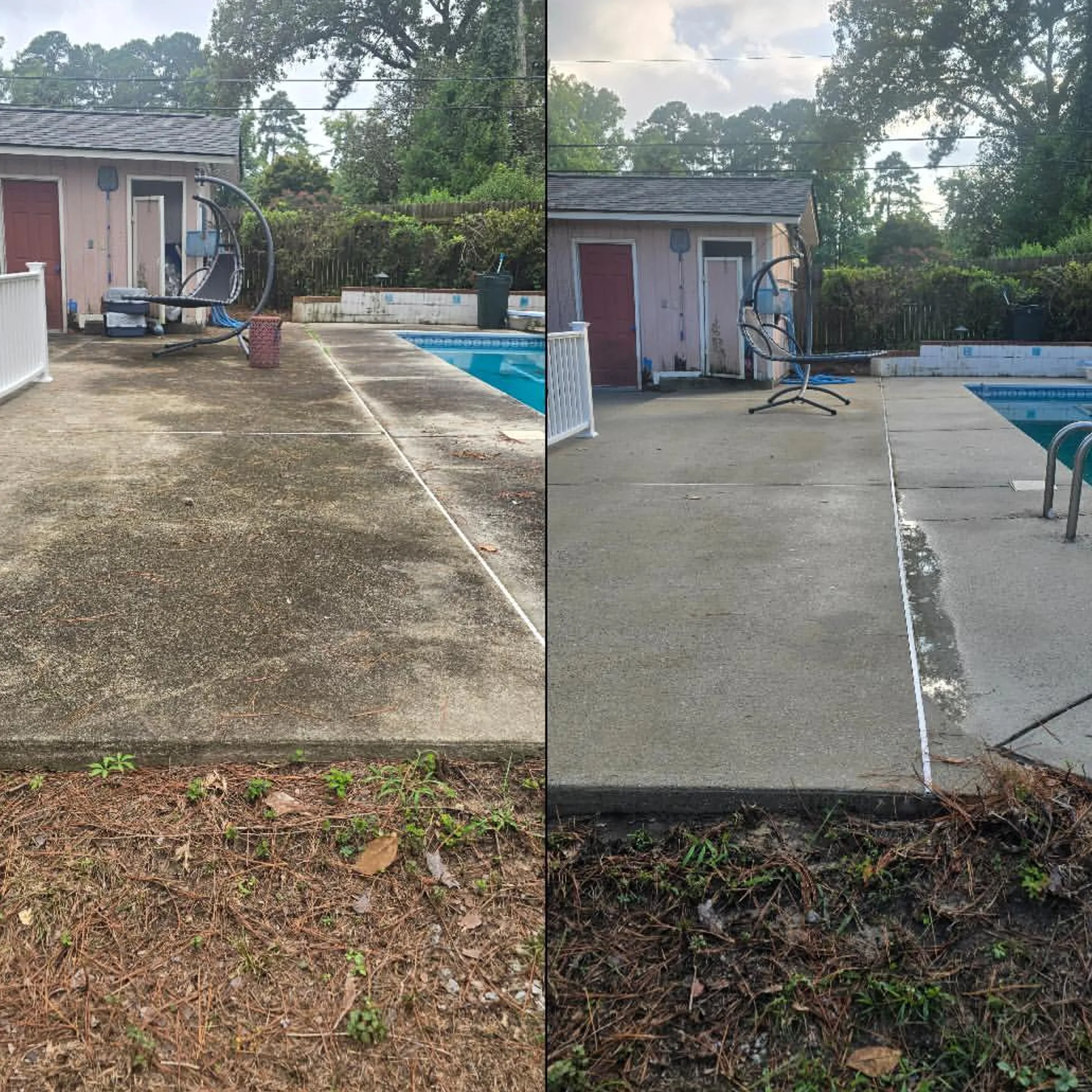 concrete driveway being cleaned with hose